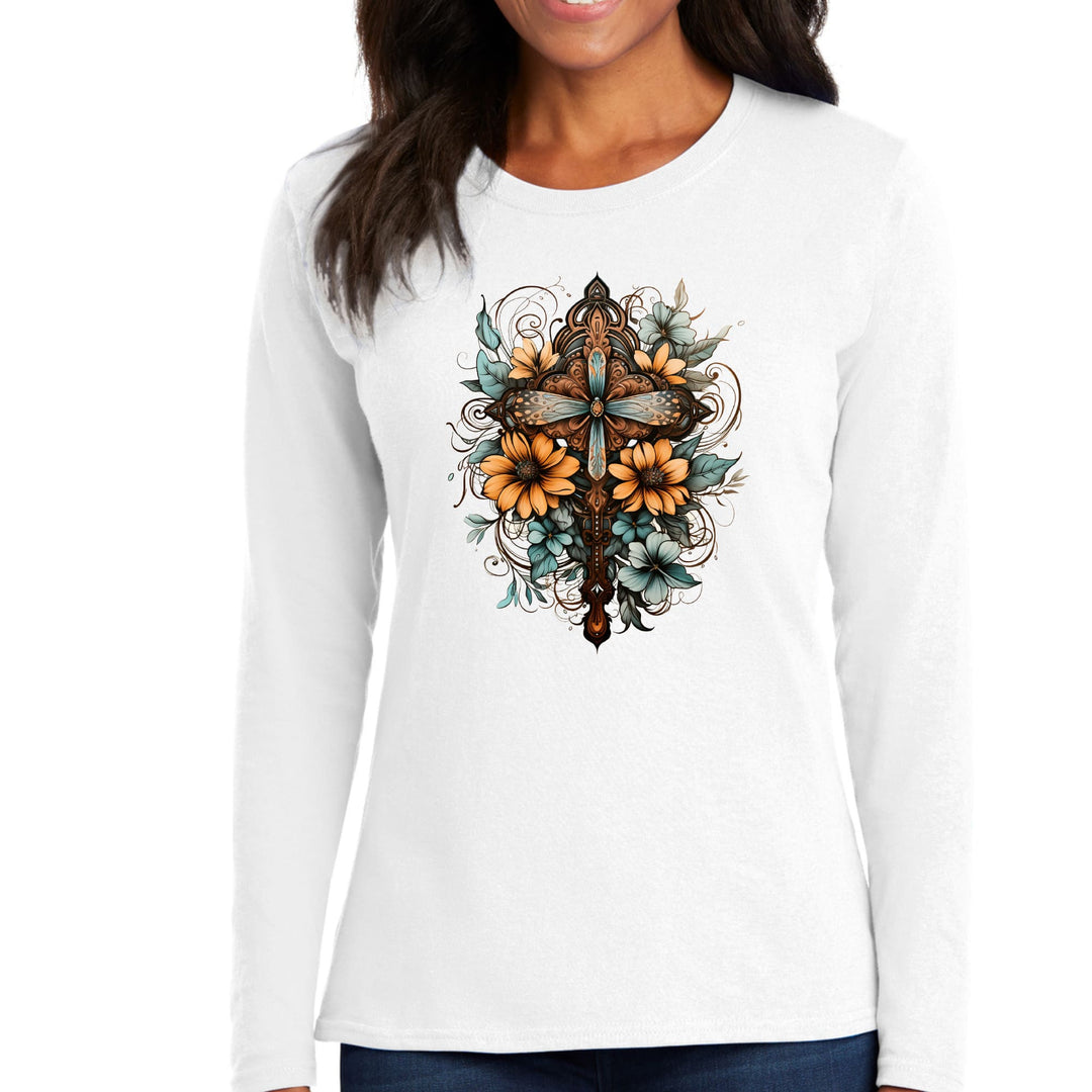 Womens Long Sleeve Graphic T-shirt Christian Cross Floral Bouquet - Womens