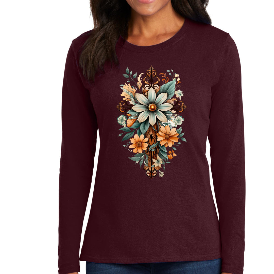 Womens Long Sleeve Graphic T-shirt Christian Cross Floral Bouquet - Womens