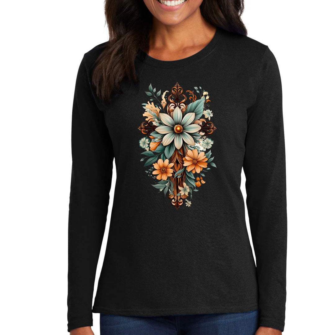 Womens Long Sleeve Graphic T-shirt Christian Cross Floral Bouquet - Womens