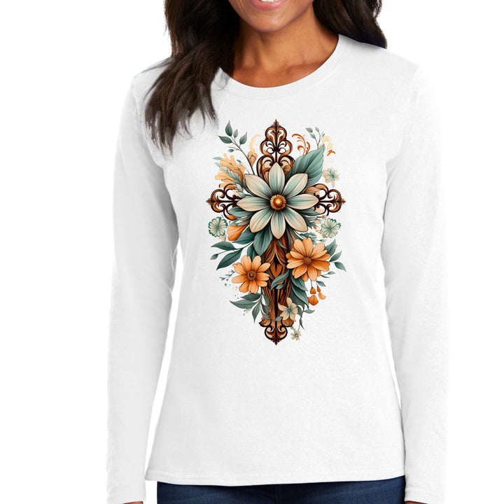 Womens Long Sleeve Graphic T-shirt Christian Cross Floral Bouquet - Womens