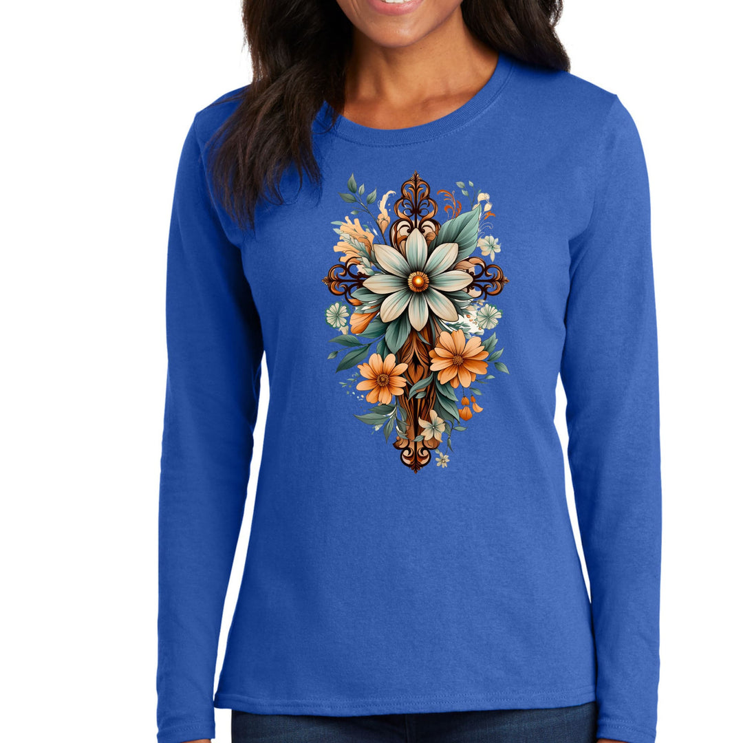 Womens Long Sleeve Graphic T-shirt Christian Cross Floral Bouquet - Womens