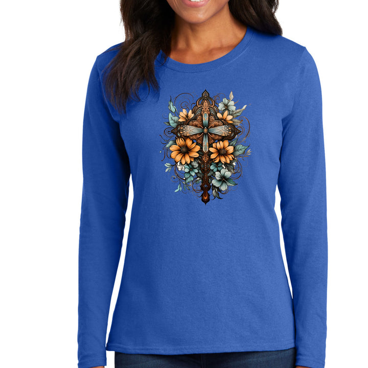 Womens Long Sleeve Graphic T-shirt Christian Cross Floral Bouquet - Womens