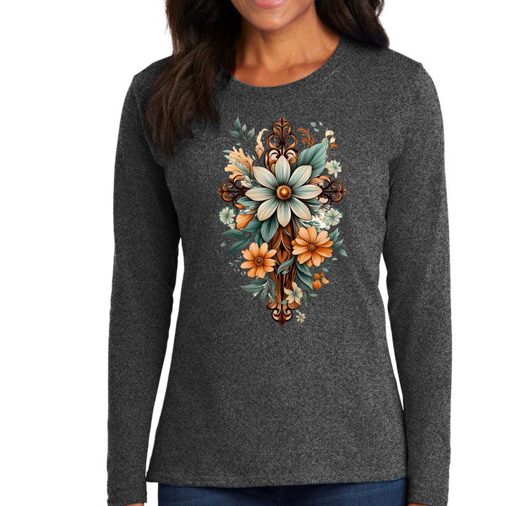 Womens Long Sleeve Graphic T-shirt Christian Cross Floral Bouquet - Womens