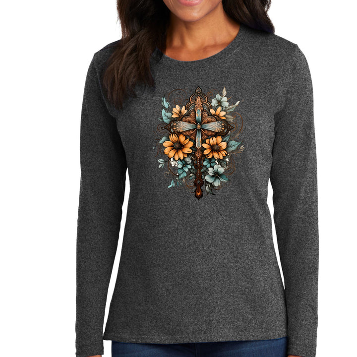 Womens Long Sleeve Graphic T-shirt Christian Cross Floral Bouquet - Womens