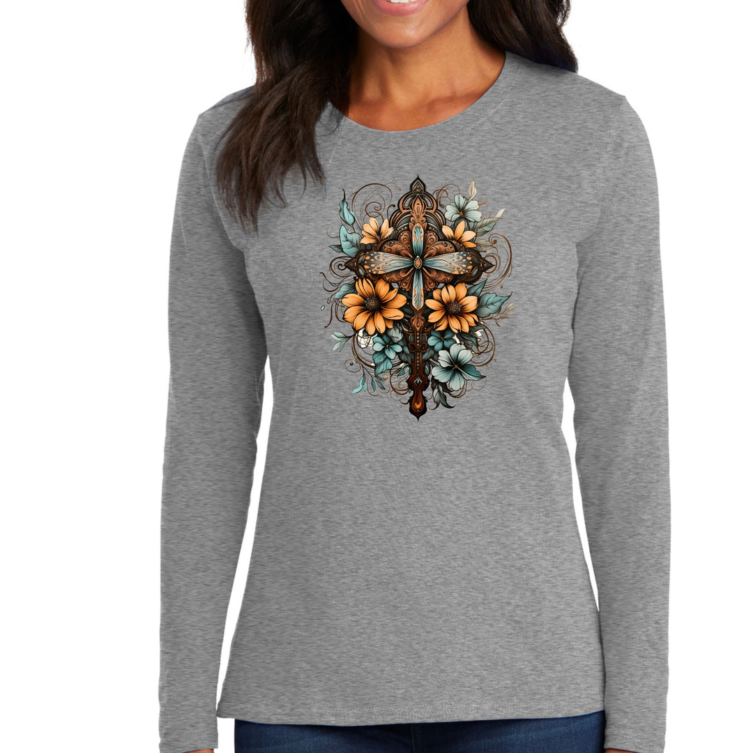 Womens Long Sleeve Graphic T-shirt Christian Cross Floral Bouquet - Womens