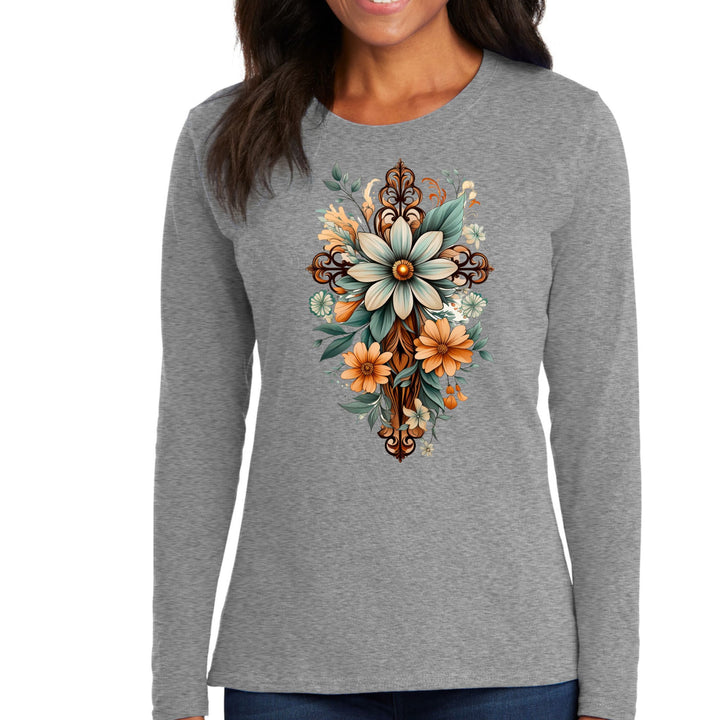 Womens Long Sleeve Graphic T-shirt Christian Cross Floral Bouquet - Womens