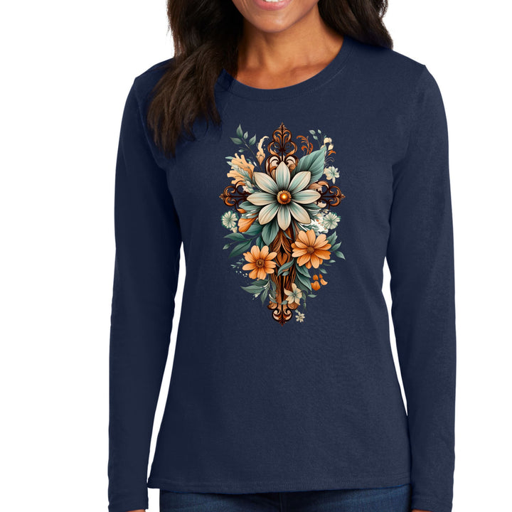 Womens Long Sleeve Graphic T-shirt Christian Cross Floral Bouquet - Womens