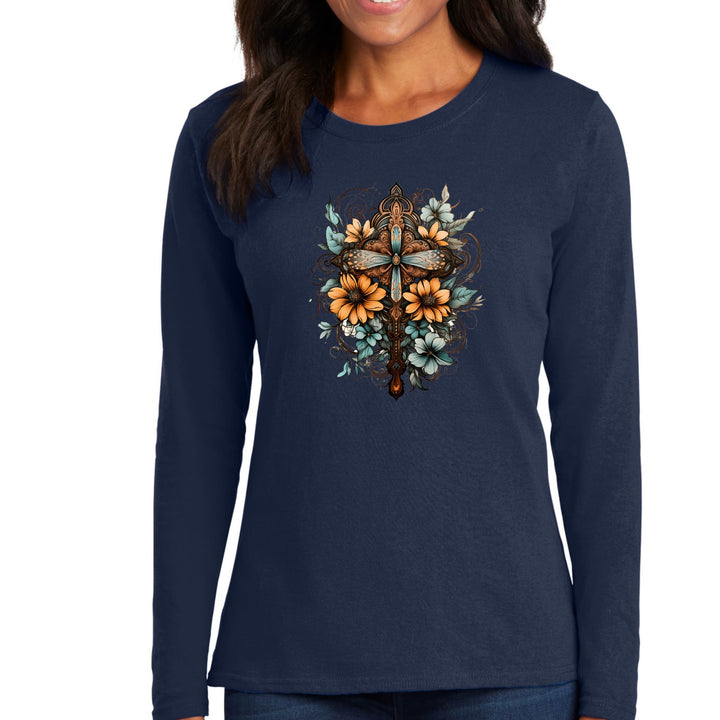 Womens Long Sleeve Graphic T-shirt Christian Cross Floral Bouquet - Womens