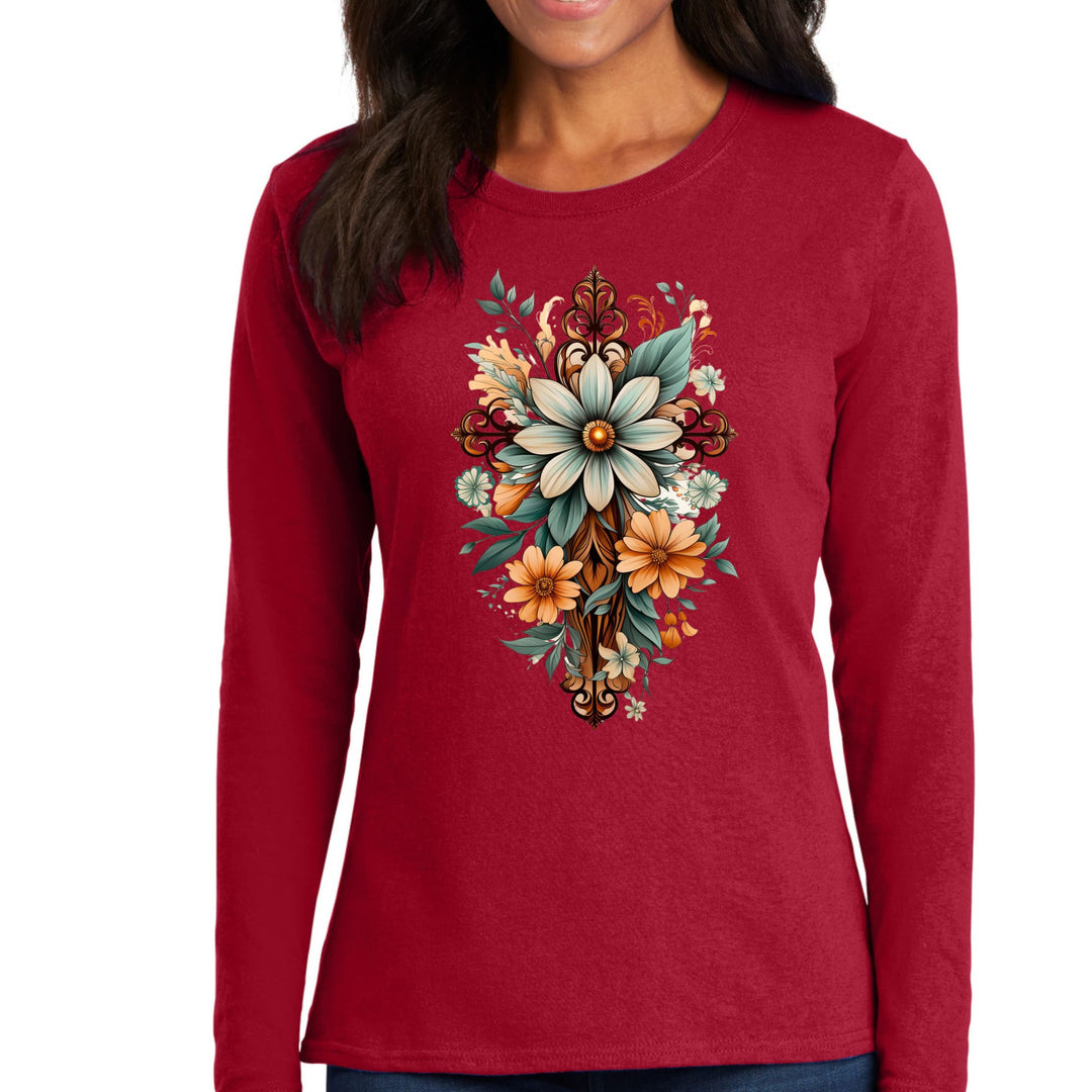 Womens Long Sleeve Graphic T-shirt Christian Cross Floral Bouquet - Womens