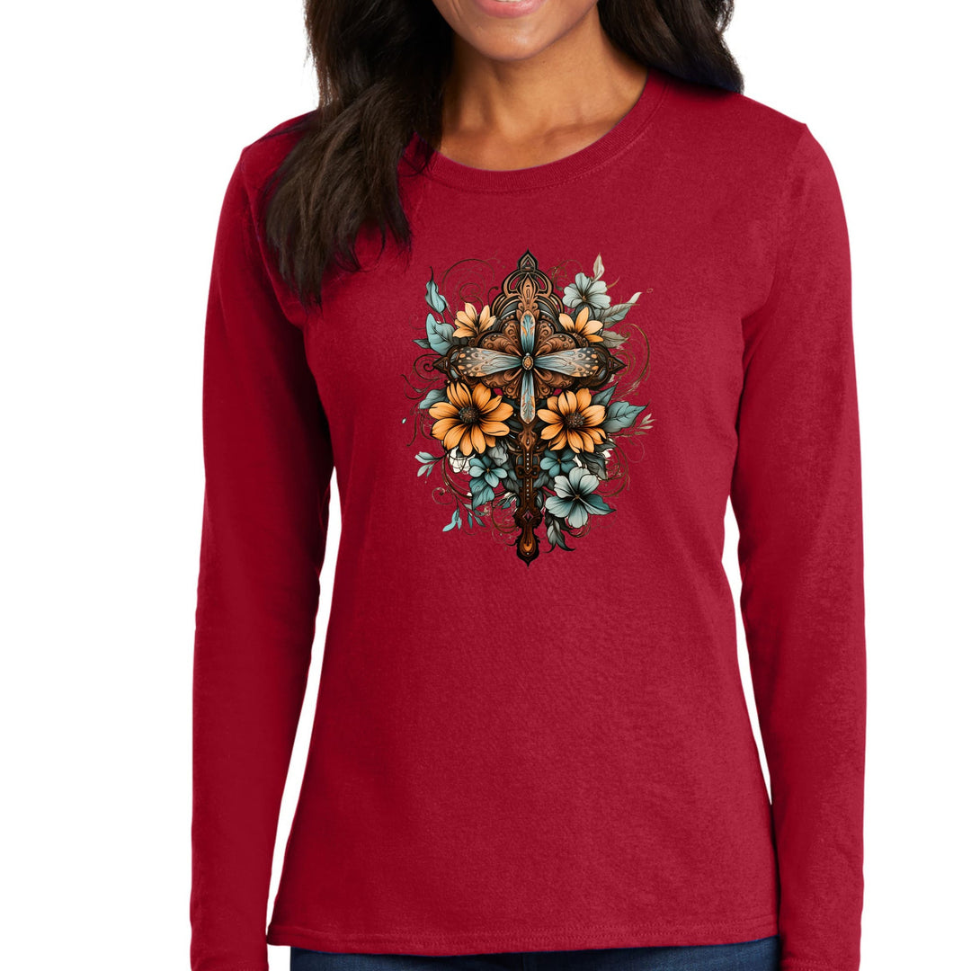 Womens Long Sleeve Graphic T-shirt Christian Cross Floral Bouquet - Womens