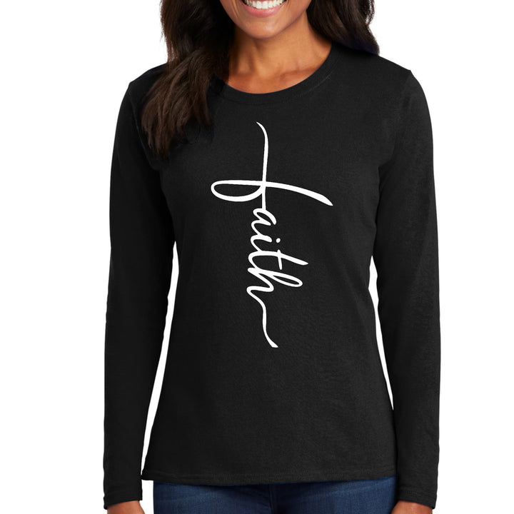 Womens Long Sleeve Graphic T-shirt - Faith Script Cross Illustration - Womens