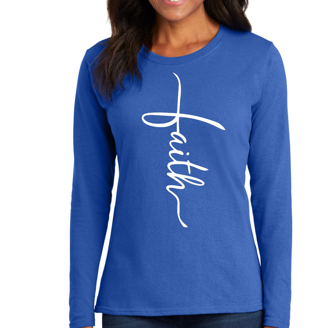 Womens Long Sleeve Graphic T-shirt - Faith Script Cross Illustration - Womens