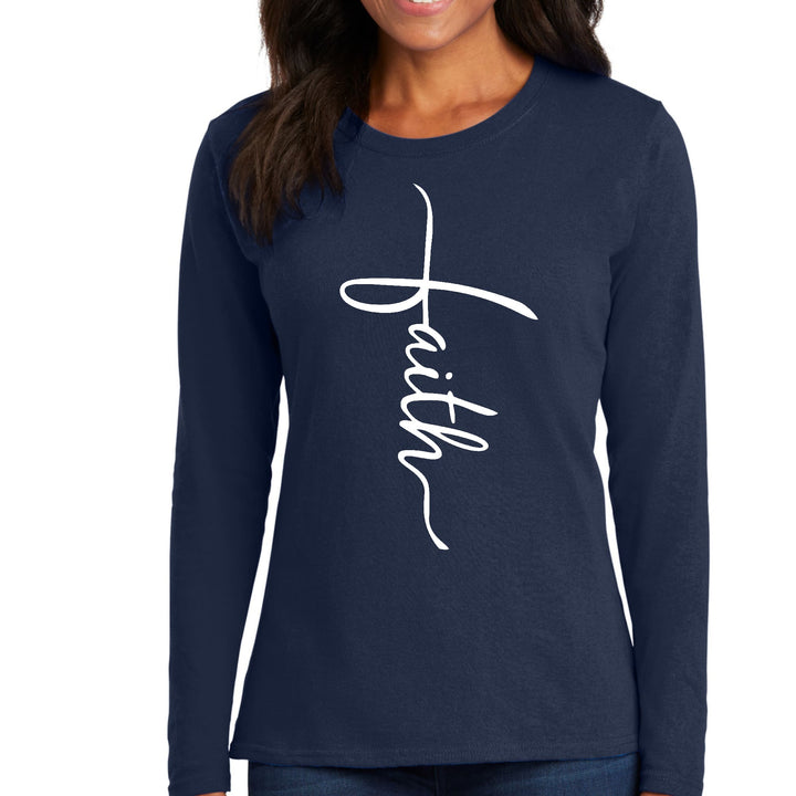 Womens Long Sleeve Graphic T-shirt - Faith Script Cross Illustration - Womens