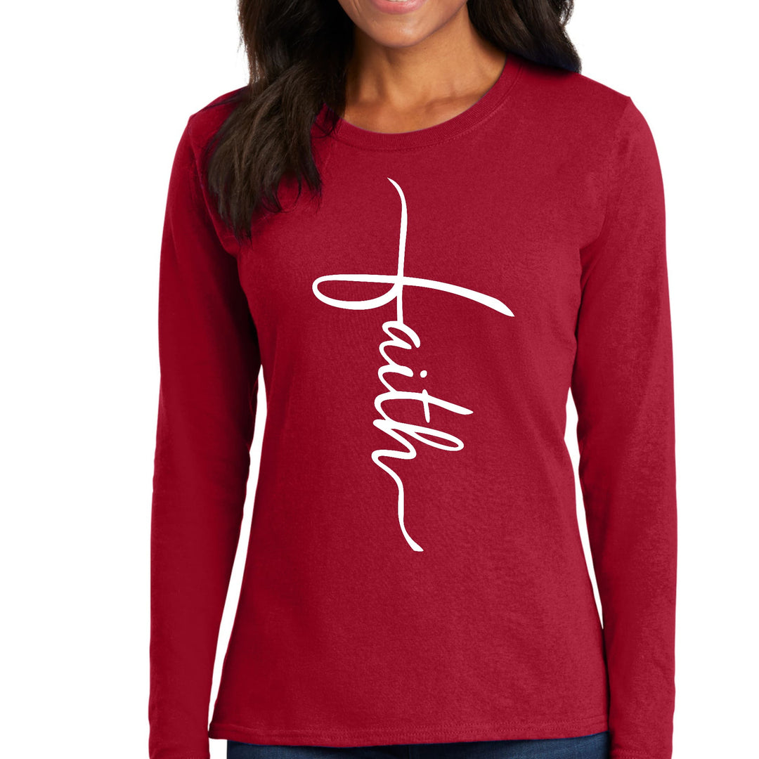 Womens Long Sleeve Graphic T-shirt - Faith Script Cross Illustration - Womens