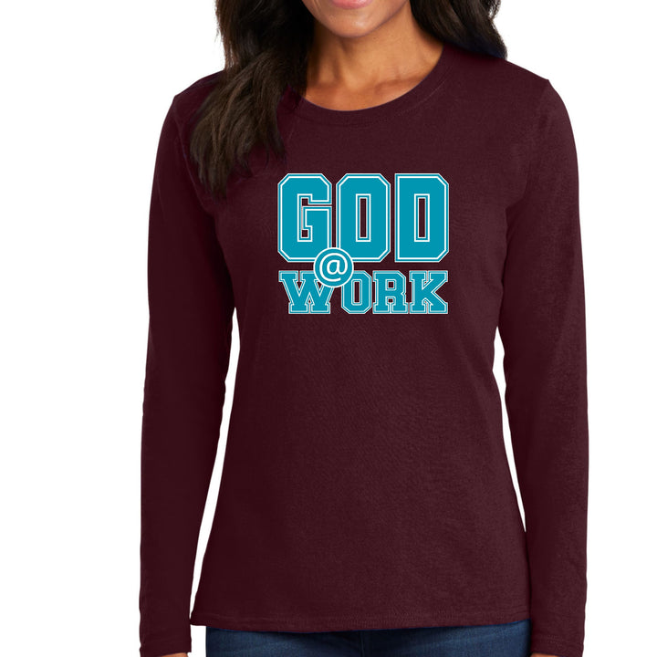 Womens Long Sleeve Graphic T-shirt God @ Work Blue Green And White - Womens