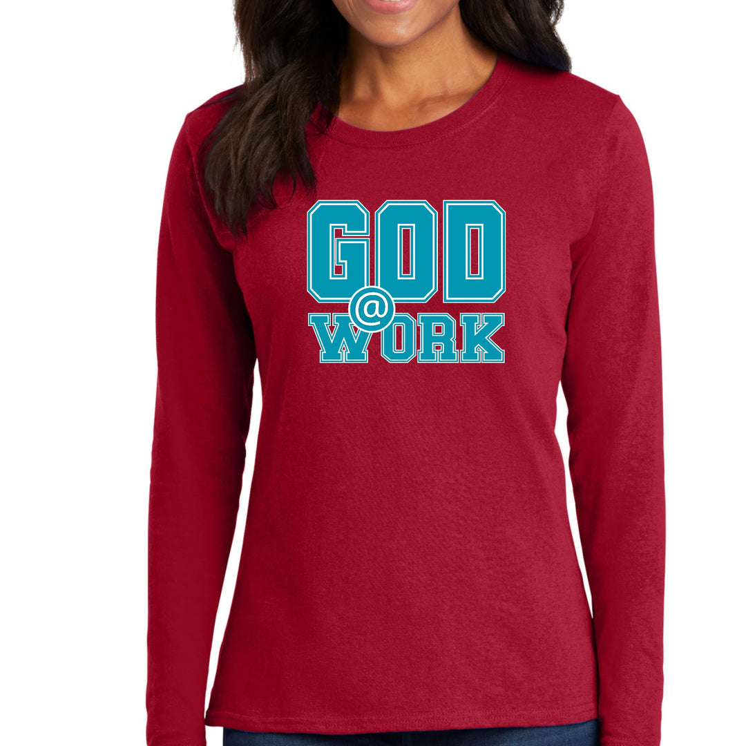 Womens Long Sleeve Graphic T-shirt God @ Work Blue Green And White - Womens