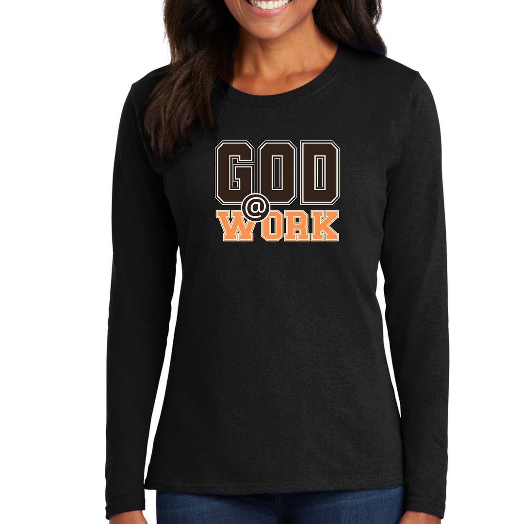 Womens Long Sleeve Graphic T-shirt - God @ Work Brown and Orange Print - Womens