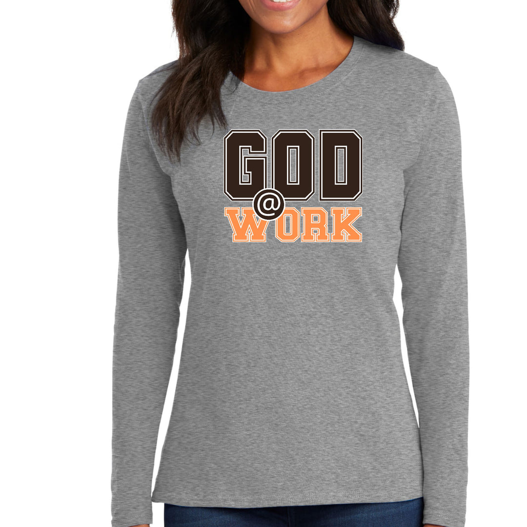 Womens Long Sleeve Graphic T-shirt - God @ Work Brown and Orange Print - Womens