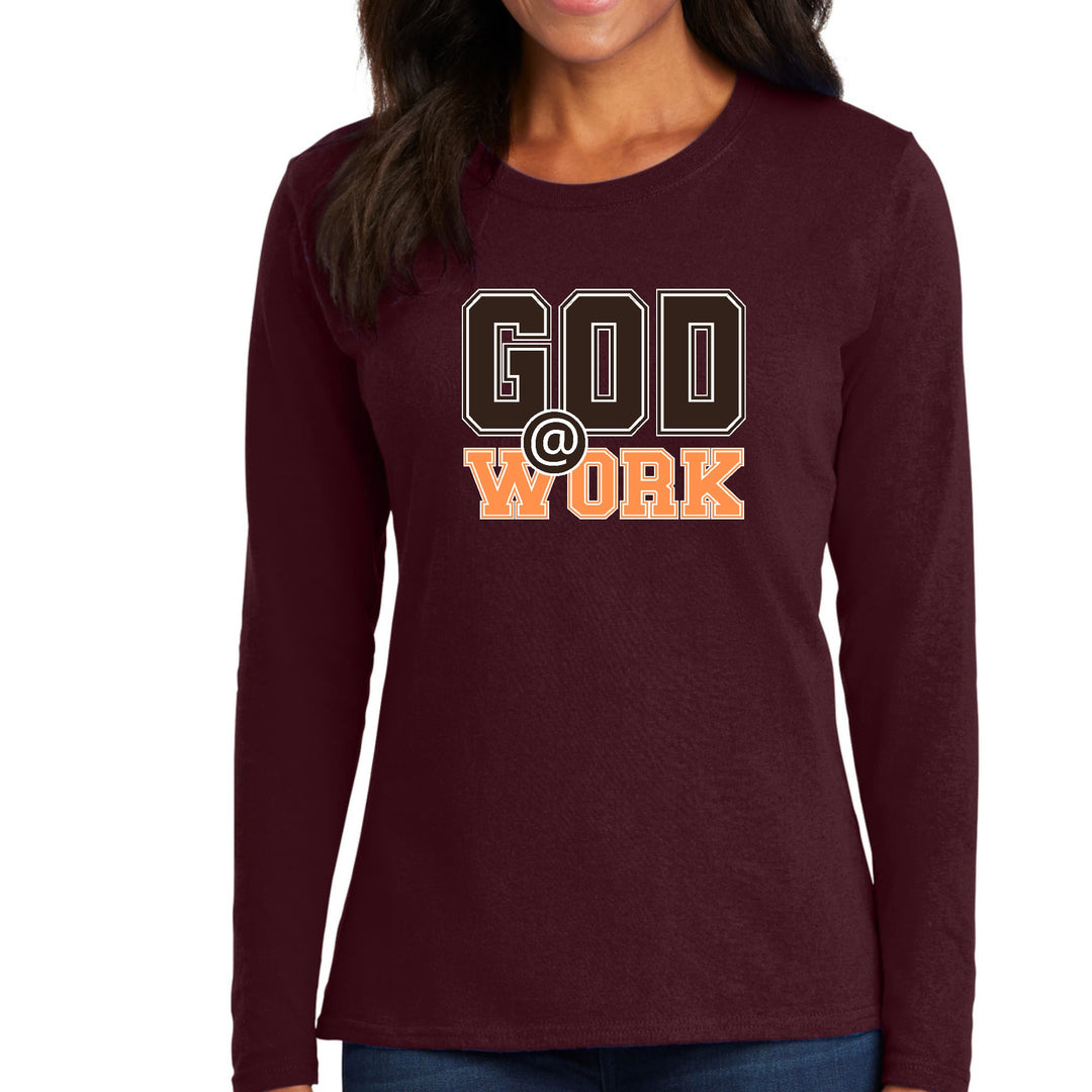 Womens Long Sleeve Graphic T-shirt - God @ Work Brown and Orange Print - Womens