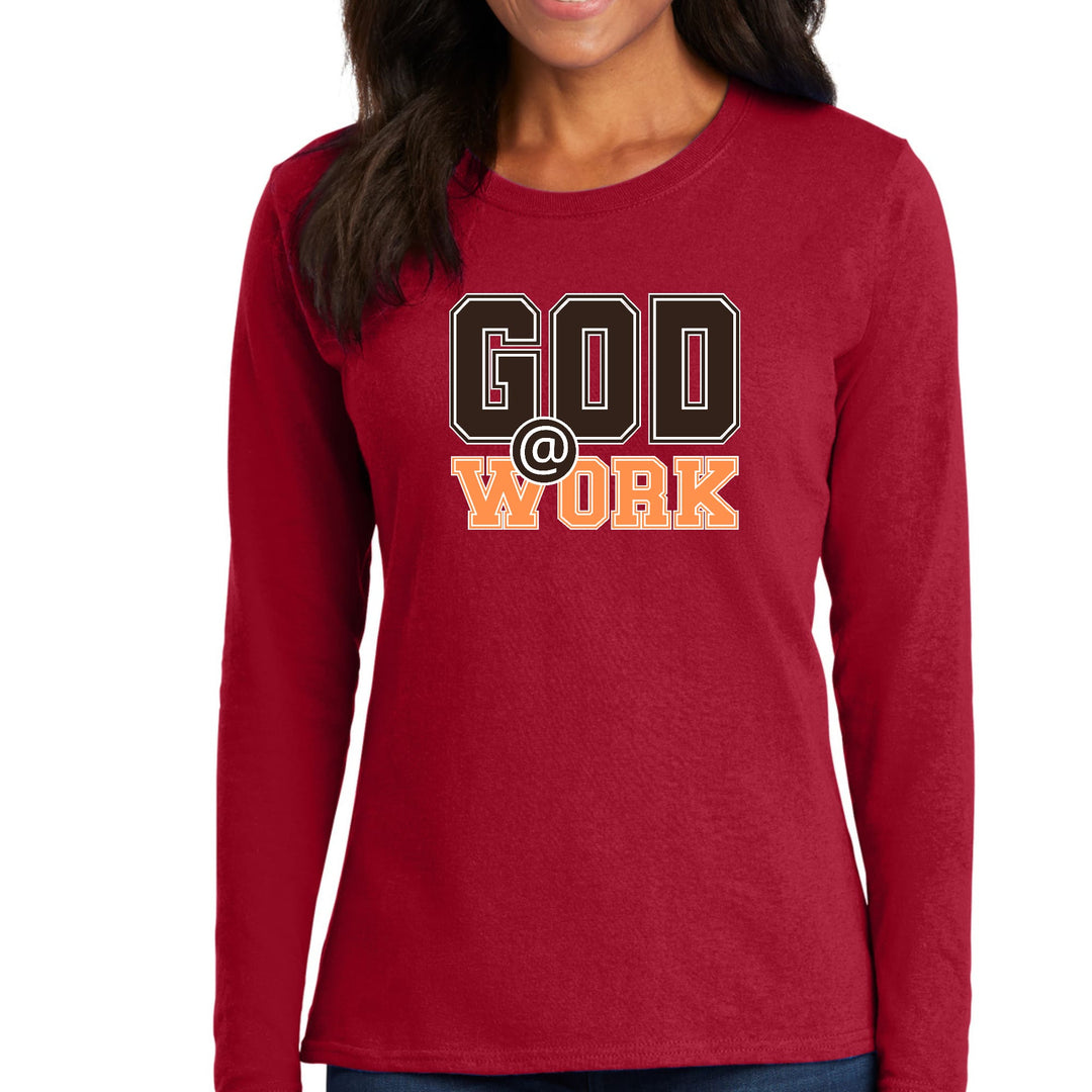 Womens Long Sleeve Graphic T-shirt - God @ Work Brown and Orange Print - Womens