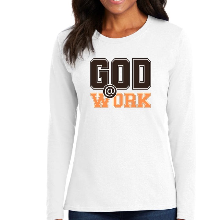 Womens Long Sleeve Graphic T-shirt - God @ Work Brown and Orange Print - Womens