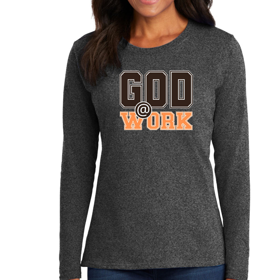 Womens Long Sleeve Graphic T-shirt - God @ Work Brown and Orange Print - Womens