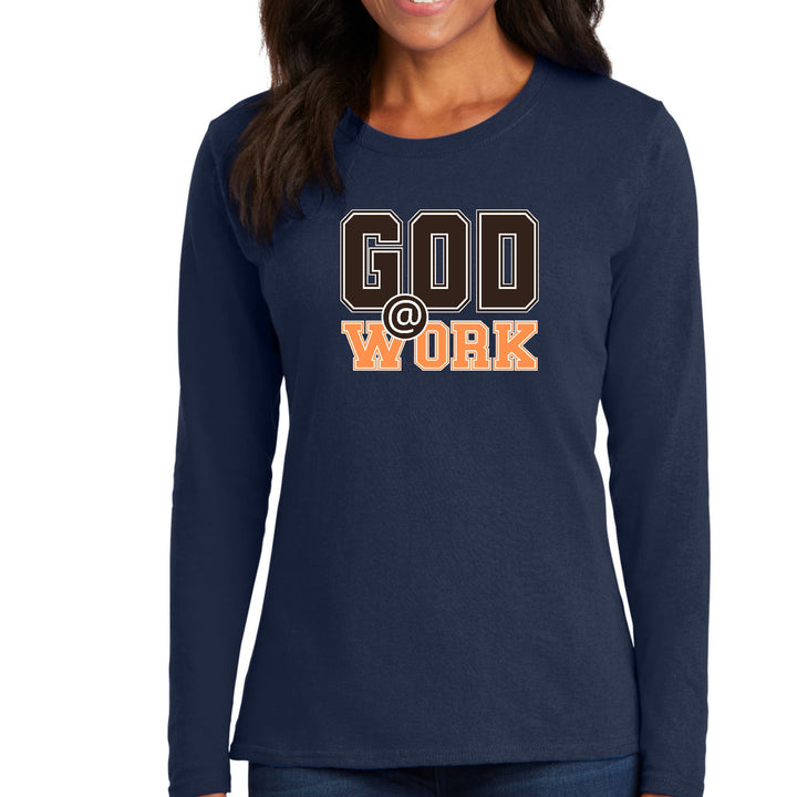 Womens Long Sleeve Graphic T-shirt - God @ Work Brown and Orange Print - Womens