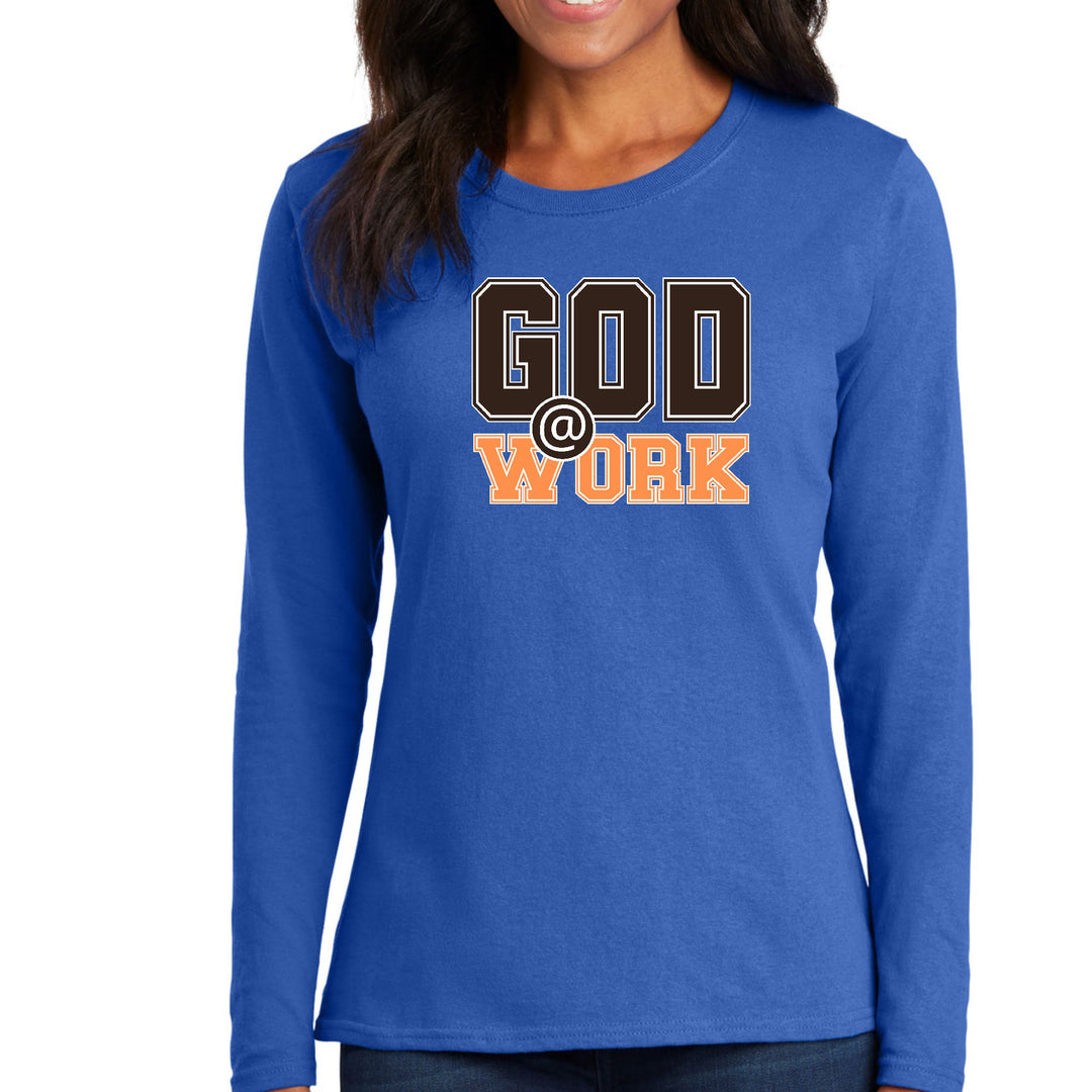 Womens Long Sleeve Graphic T-shirt - God @ Work Brown and Orange Print - Womens