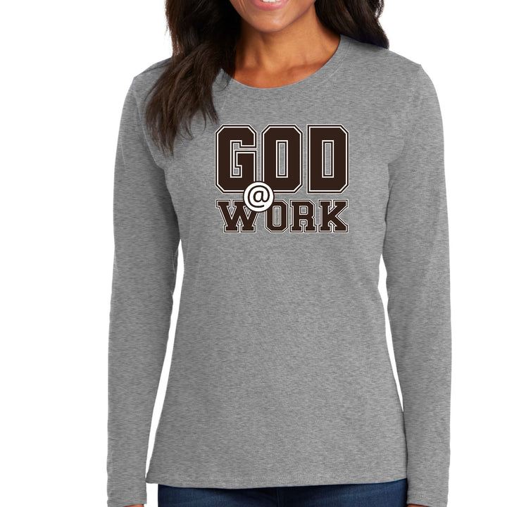 Womens Long Sleeve Graphic T-shirt God @ Work Brown and White Print - Womens