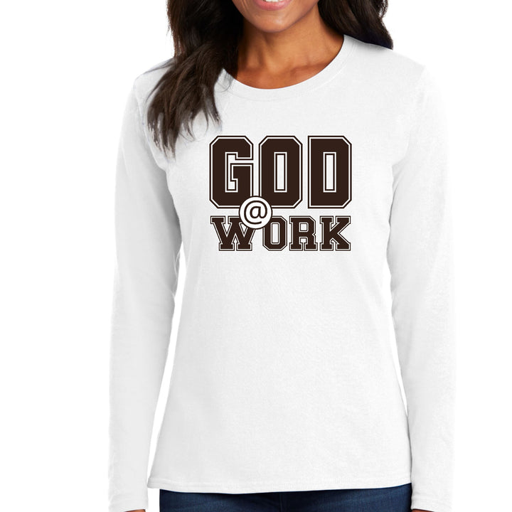 Womens Long Sleeve Graphic T-shirt God @ Work Brown and White Print - Womens