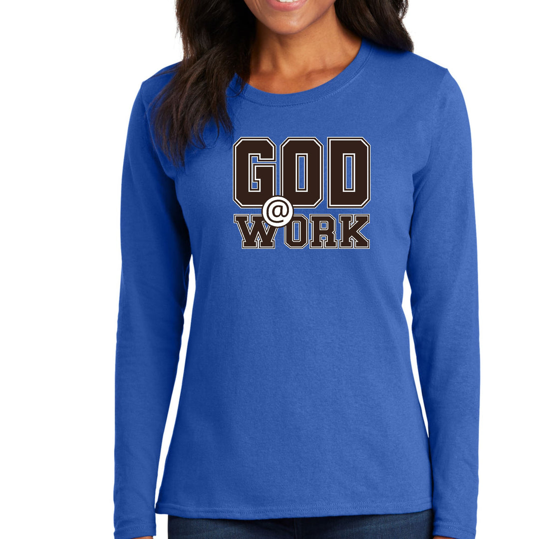 Womens Long Sleeve Graphic T-shirt God @ Work Brown and White Print - Womens