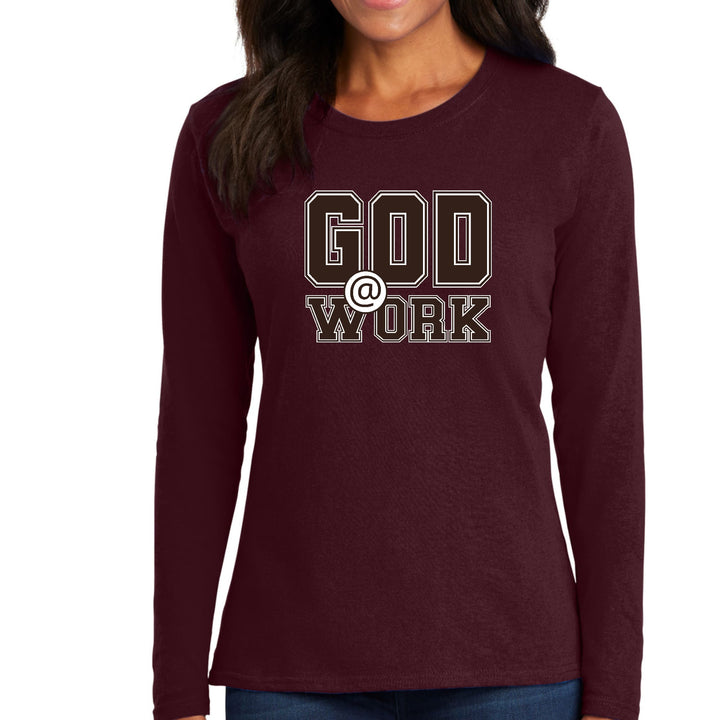 Womens Long Sleeve Graphic T-shirt God @ Work Brown and White Print - Womens