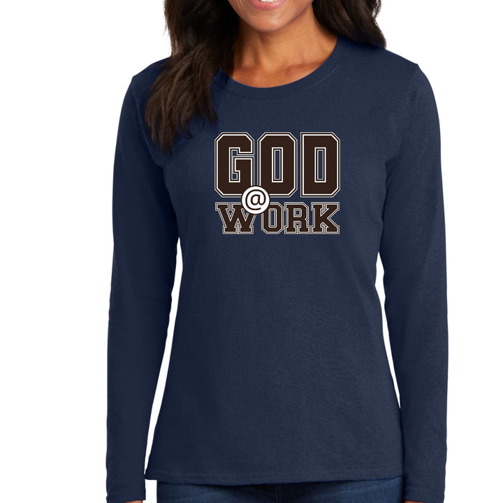 Womens Long Sleeve Graphic T-shirt God @ Work Brown and White Print - Womens