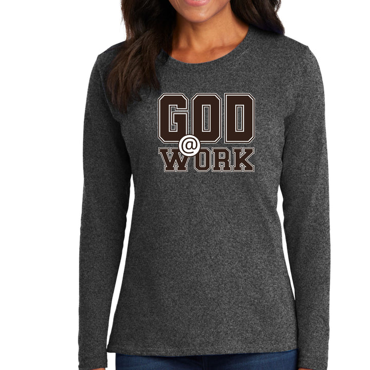 Womens Long Sleeve Graphic T-shirt God @ Work Brown and White Print - Womens