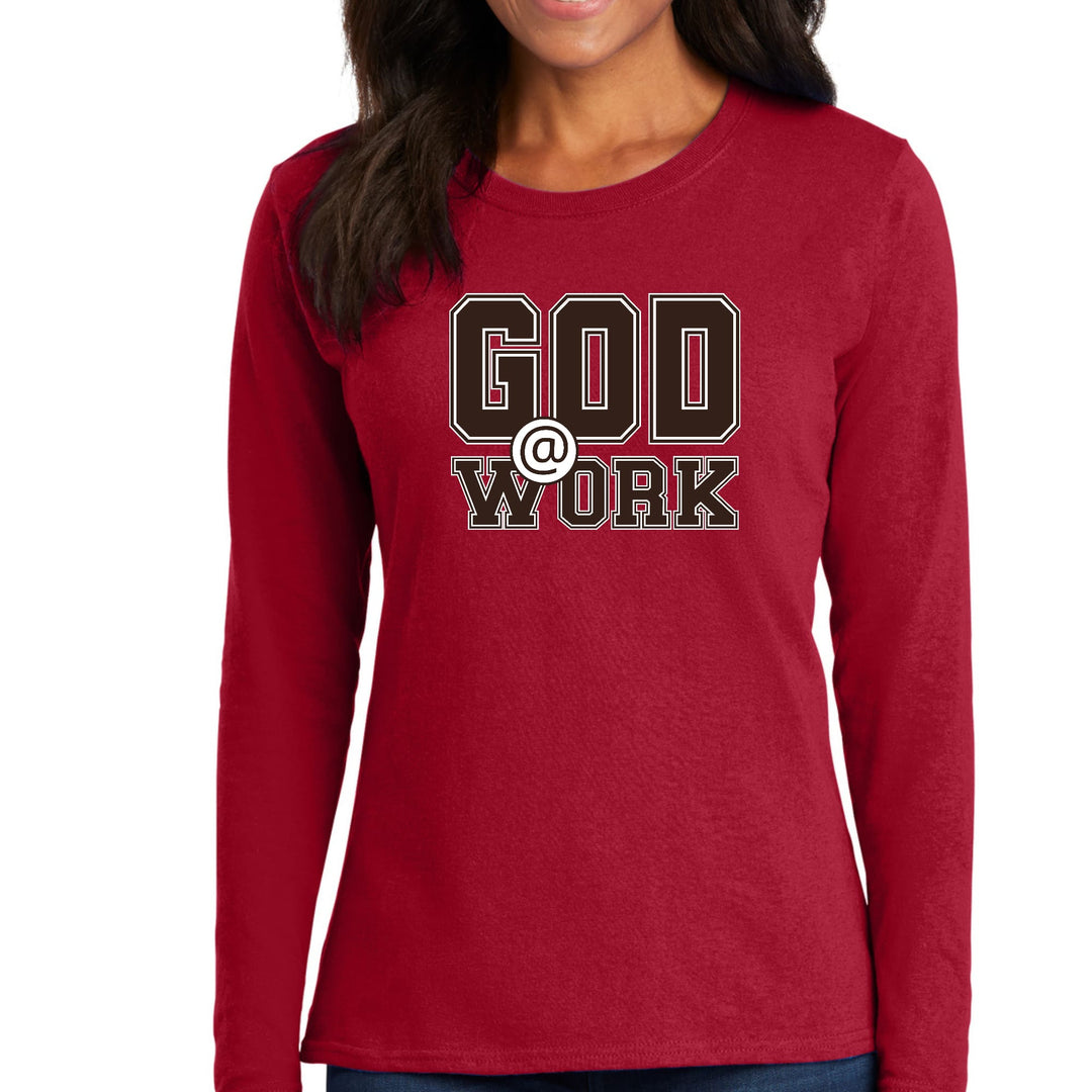 Womens Long Sleeve Graphic T-shirt God @ Work Brown and White Print - Womens