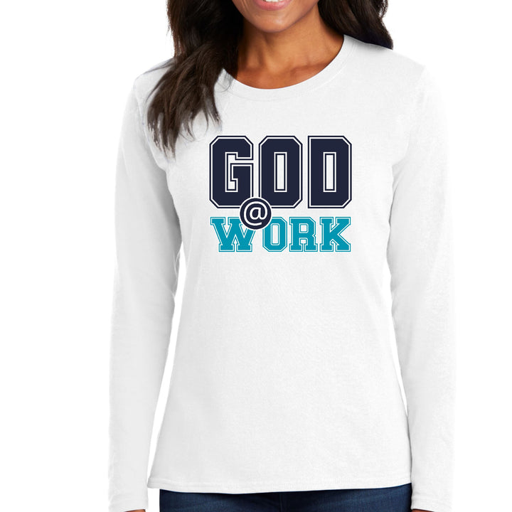 Womens Long Sleeve Graphic T-shirt God @ Work Navy Blue And Blue - Womens