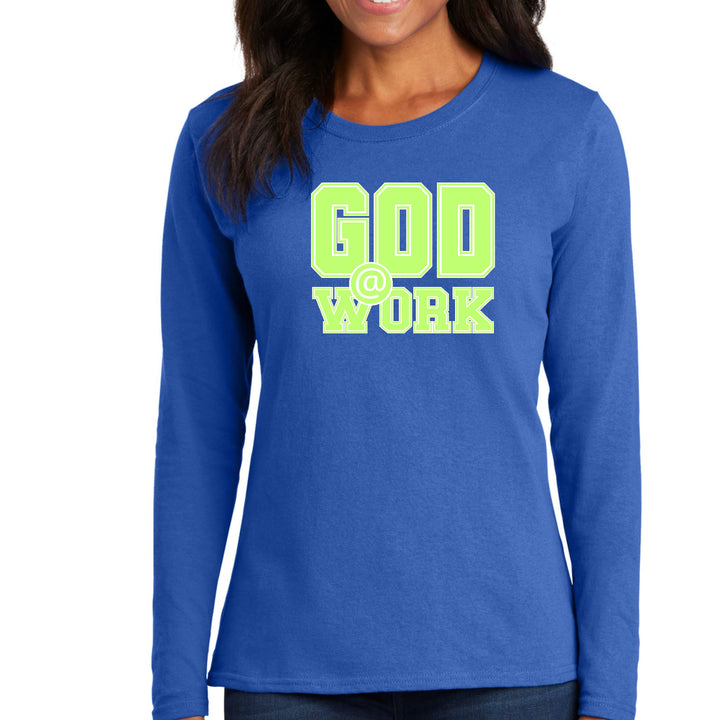 Womens Long Sleeve Graphic T-shirt God @ Work Neon Green and White - Womens