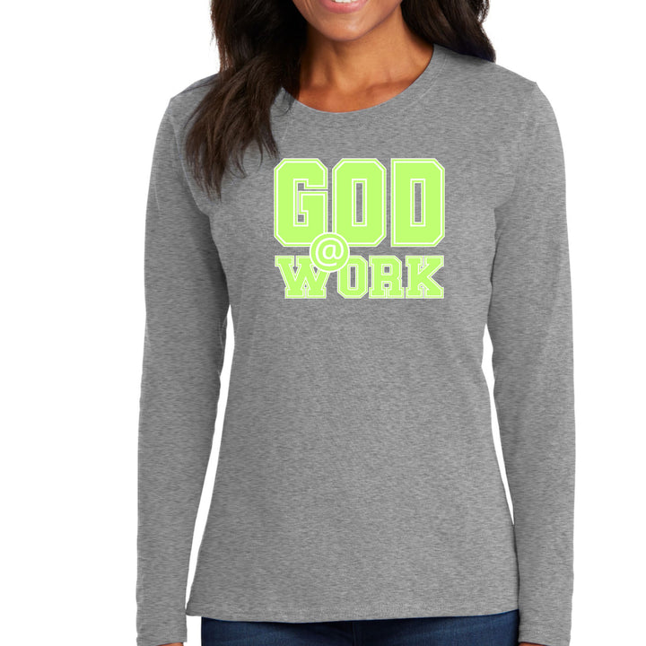 Womens Long Sleeve Graphic T-shirt God @ Work Neon Green and White - Womens