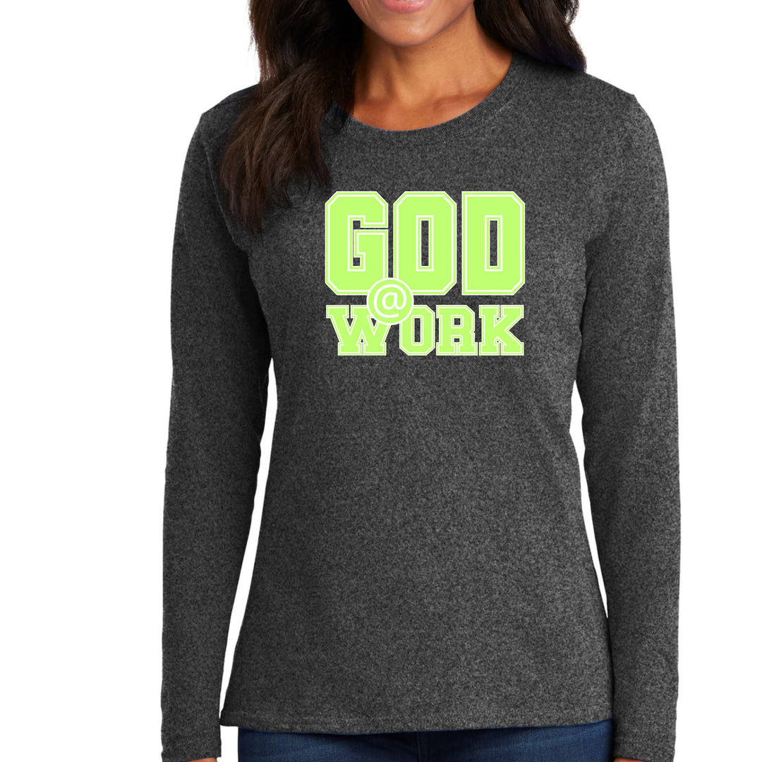 Womens Long Sleeve Graphic T-shirt God @ Work Neon Green and White - Womens