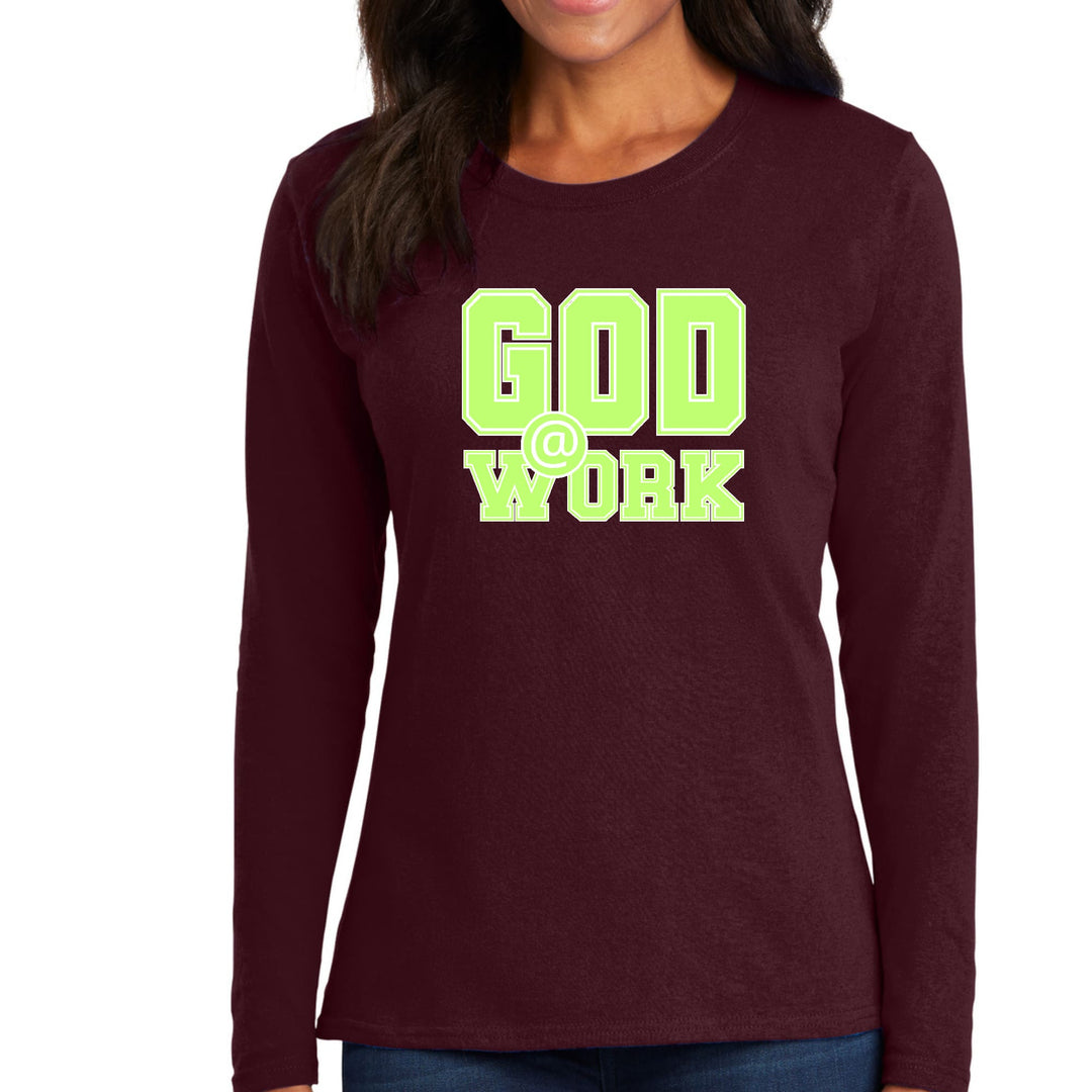 Womens Long Sleeve Graphic T-shirt God @ Work Neon Green and White - Womens