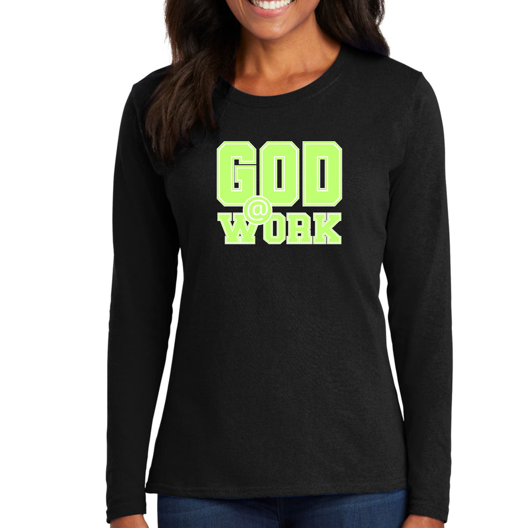 Womens Long Sleeve Graphic T-shirt God @ Work Neon Green and White - Womens