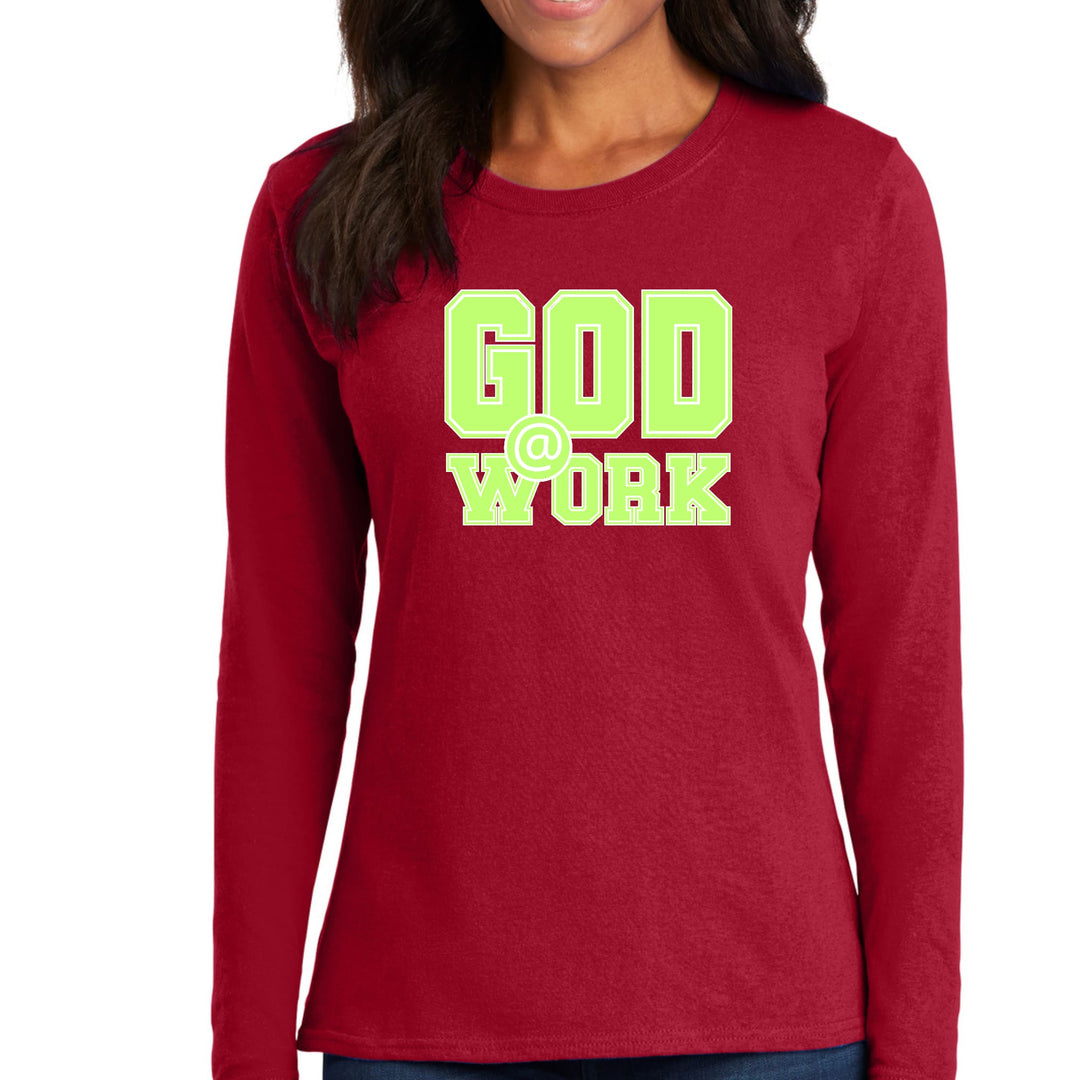 Womens Long Sleeve Graphic T-shirt God @ Work Neon Green and White - Womens