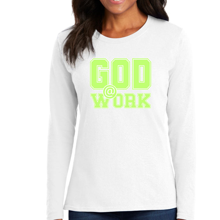 Womens Long Sleeve Graphic T-shirt God @ Work Neon Green and White - Womens