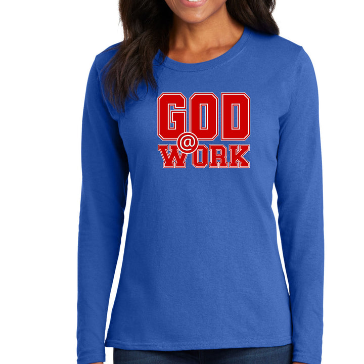 Womens Long Sleeve Graphic T-shirt - God @ Work Red and White Print - Womens