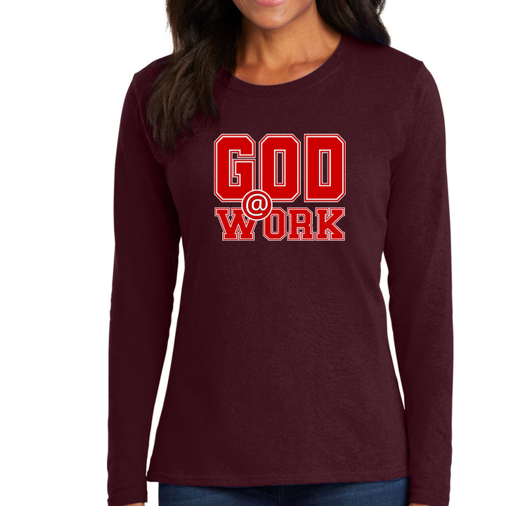 Womens Long Sleeve Graphic T-shirt - God @ Work Red and White Print - Womens