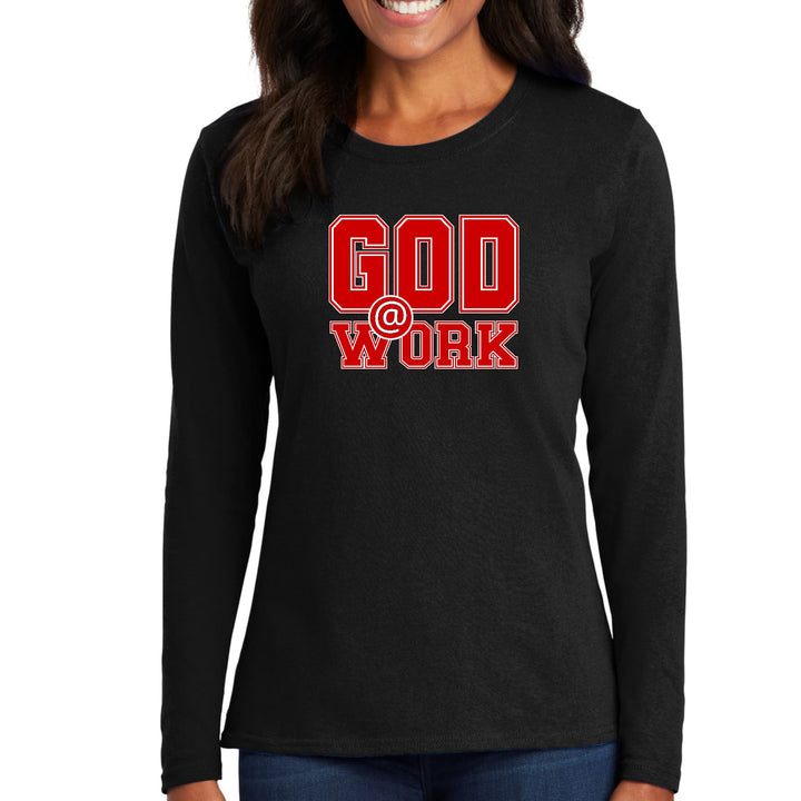 Womens Long Sleeve Graphic T-shirt - God @ Work Red and White Print - Womens