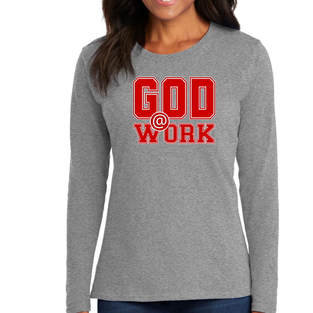 Womens Long Sleeve Graphic T-shirt God @ Work Red and White Print - Womens