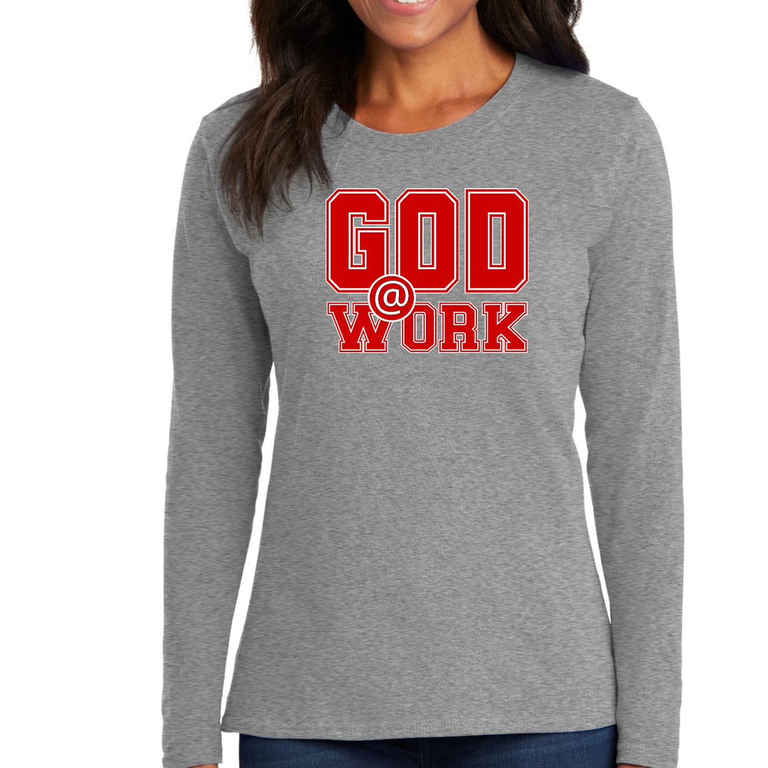 Womens Long Sleeve Graphic T-shirt - God @ Work Red and White Print - Womens