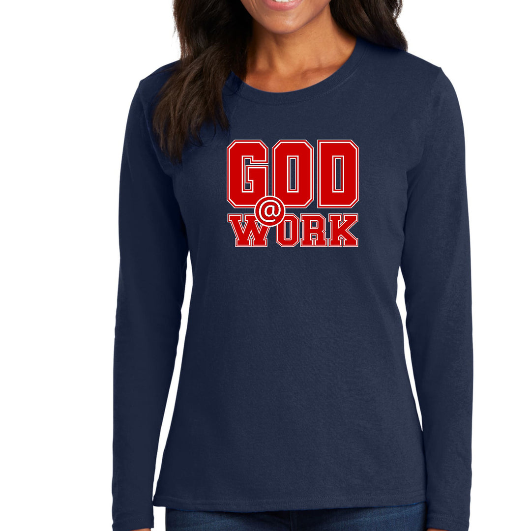 Womens Long Sleeve Graphic T-shirt - God @ Work Red and White Print - Womens