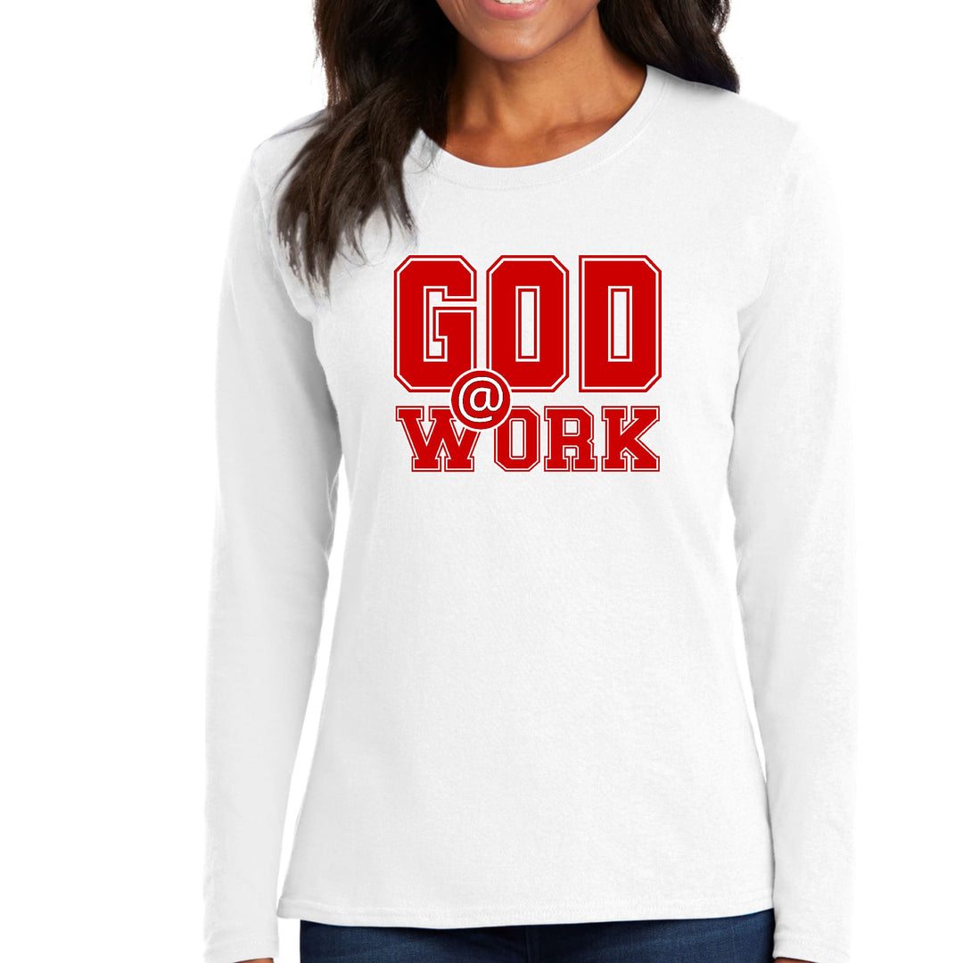 Womens Long Sleeve Graphic T-shirt God @ Work Red and White Print - Womens